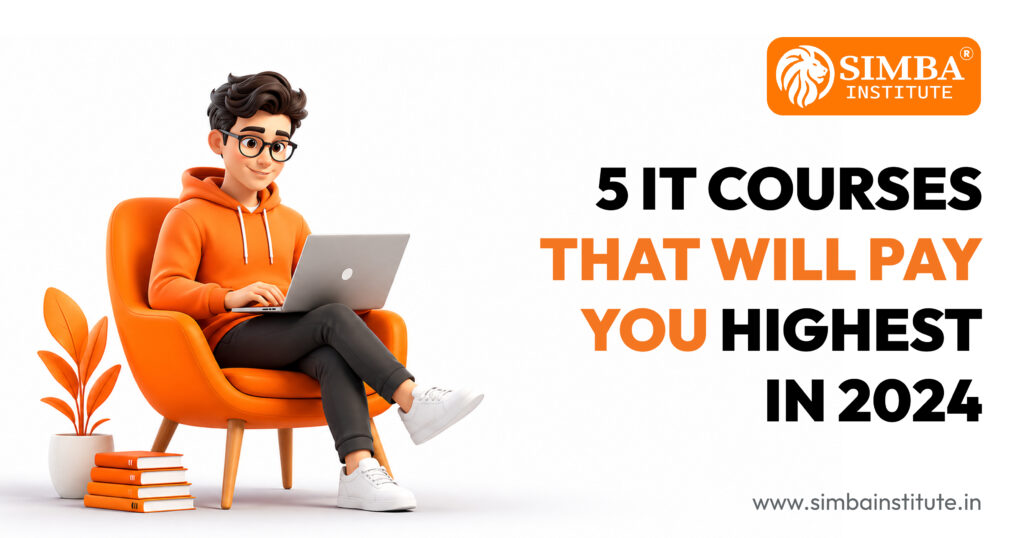 Infographic showing the 5 highest paying IT courses in Surat including Full Stack Development and Digital Marketing at Simba Institute.